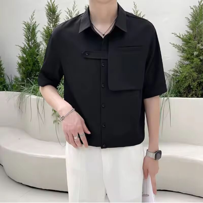 Aura Basic Solid Color Loose Shirts Summer Polo-Neck Button Men's Clothing Casual Short Sleeve Summer Fashion Patchwork Shirts