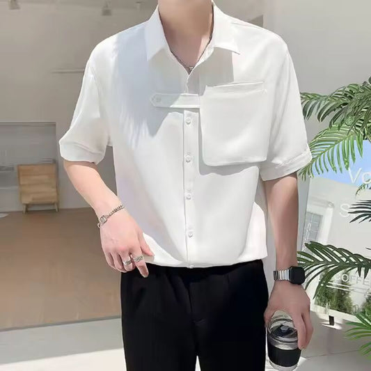 Aura Basic Solid Color Loose Shirts Summer Polo-Neck Button Men's Clothing Casual Short Sleeve Summer Fashion Patchwork Shirts