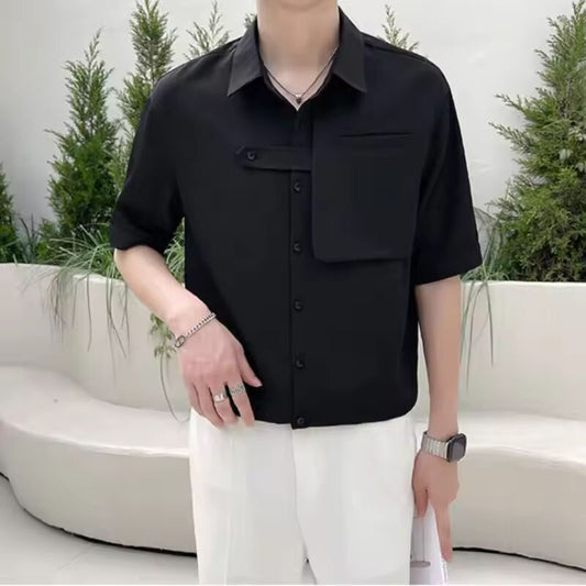 Aura Basic Solid Color Loose Shirts Summer Polo-Neck Button Men's Clothing Casual Short Sleeve Summer Fashion Patchwork Shirts