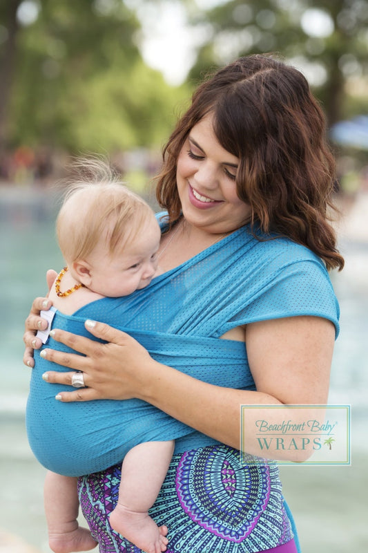 made Beachfront Baby Wrap Carrier- SAFE water babywearing at the beach, pool, water park or in the shower- Caribbean Blue Mesh